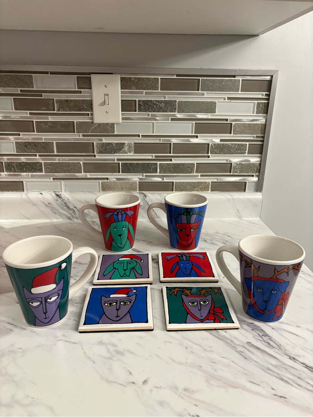 Vintage Ursula Dodge Cat & Dog Mug with coasters set Christmas themed